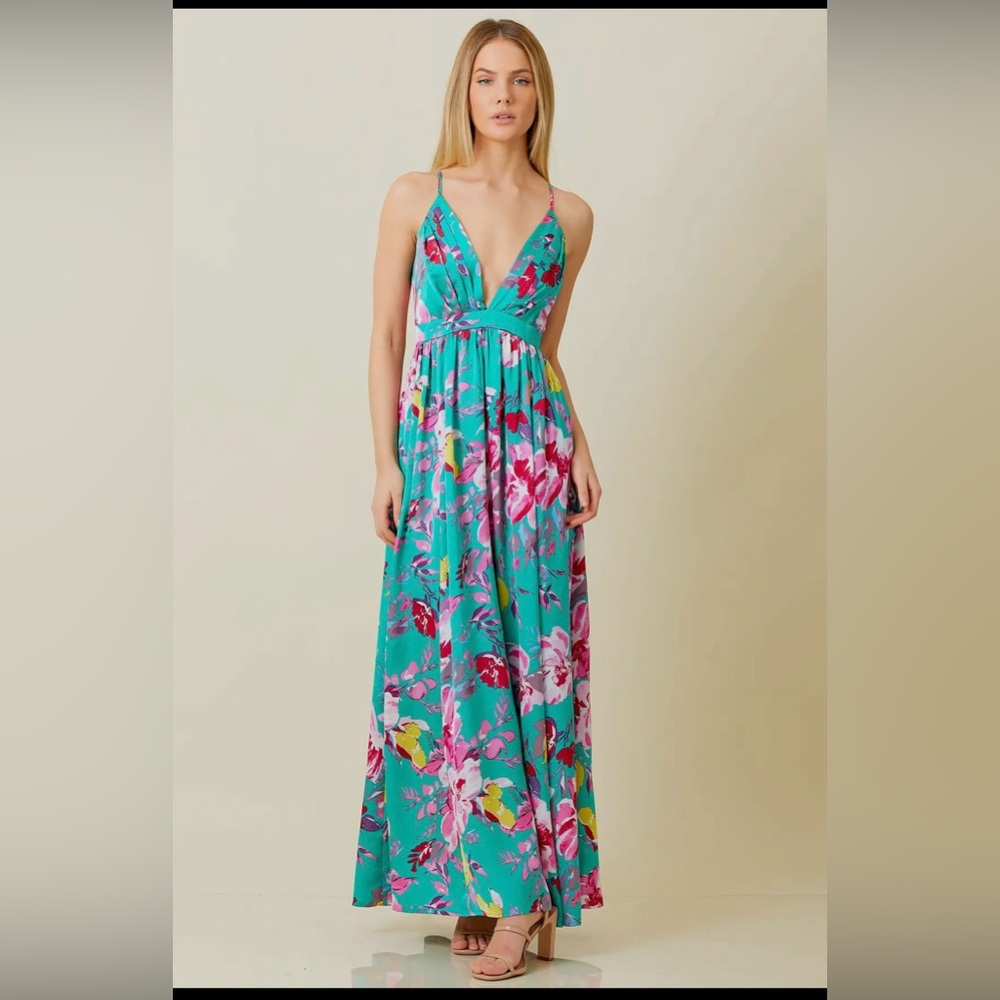 Deep V-Neck Green Floral Maxi Dress